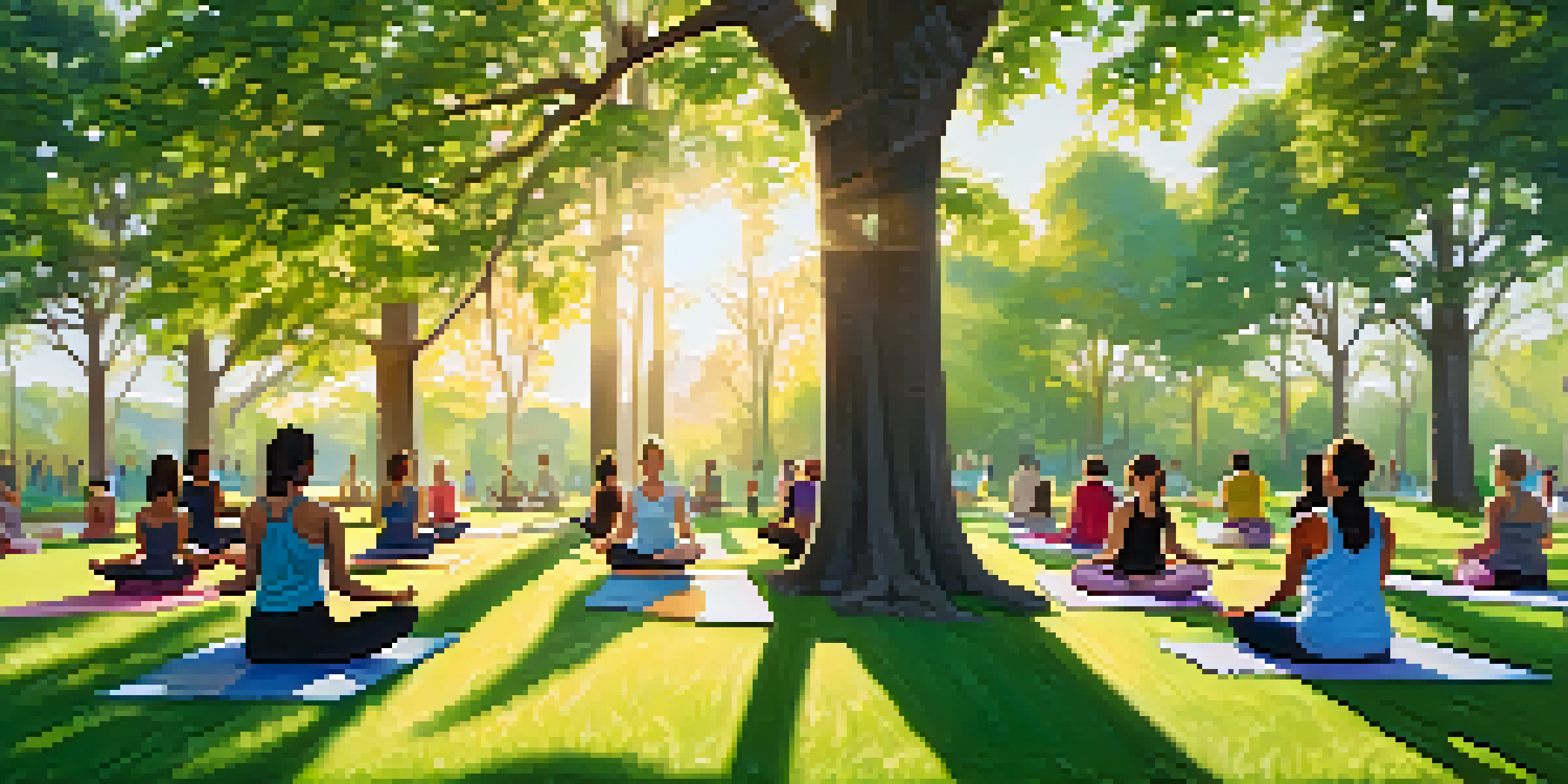 A group of diverse individuals practicing yoga in a sunny park, surrounded by greenery and trees.