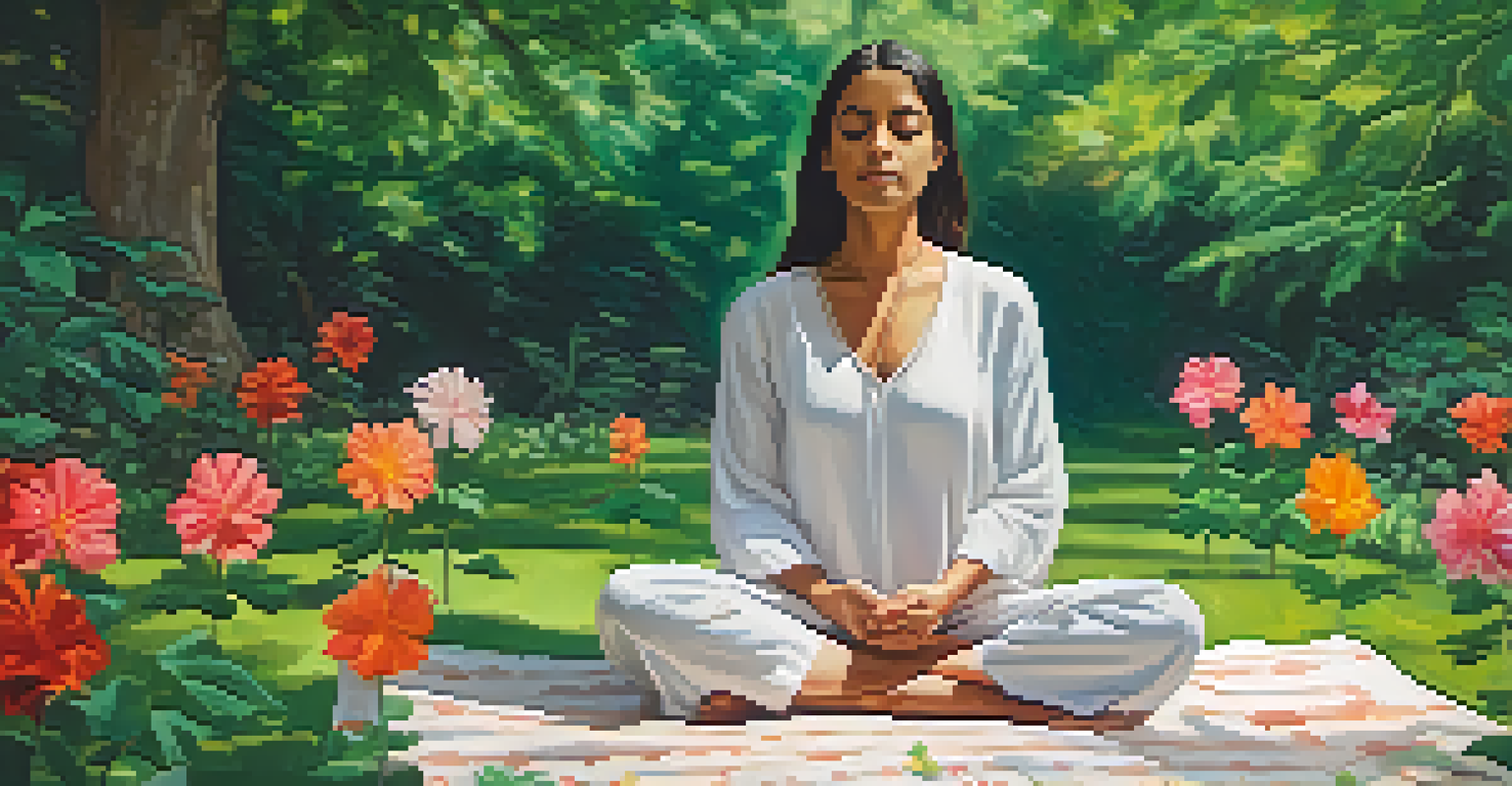A person practicing breath control in a peaceful outdoor park, surrounded by nature.