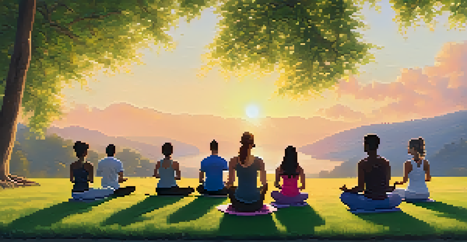 Group of people practicing yoga on a grassy field during sunset, surrounded by trees and flowers, creating a peaceful outdoor atmosphere.