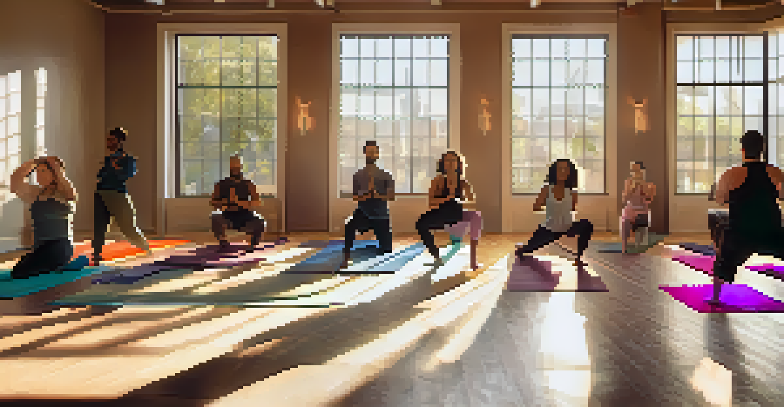 A group of people participating in a yoga class, practicing together in a bright and welcoming studio.