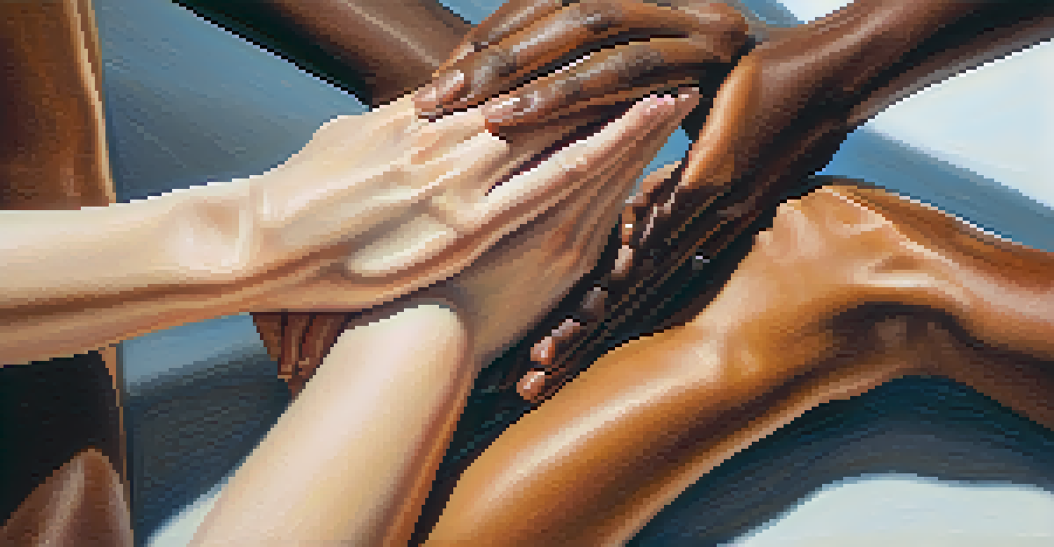 Close-up of diverse hands intertwined, symbolizing trust and support in a yoga community.
