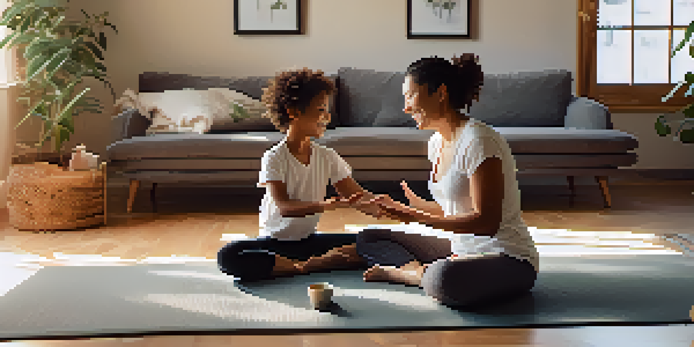A parent and child practicing partner yoga in a cozy living room, supporting each other in a forward bend.