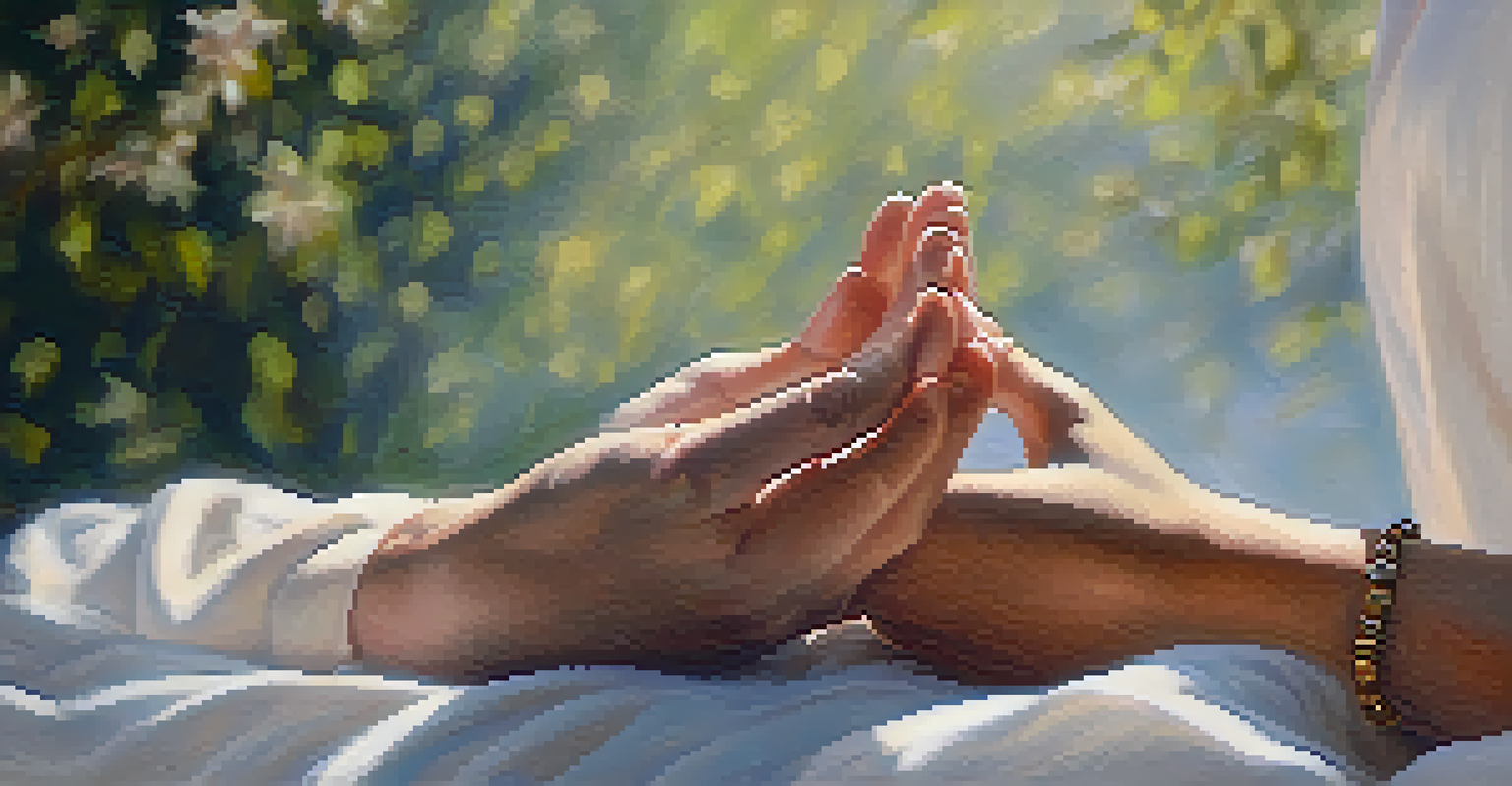 Close-up of hands in a calming mudra practicing breathwork amidst a soft-focus nature background.