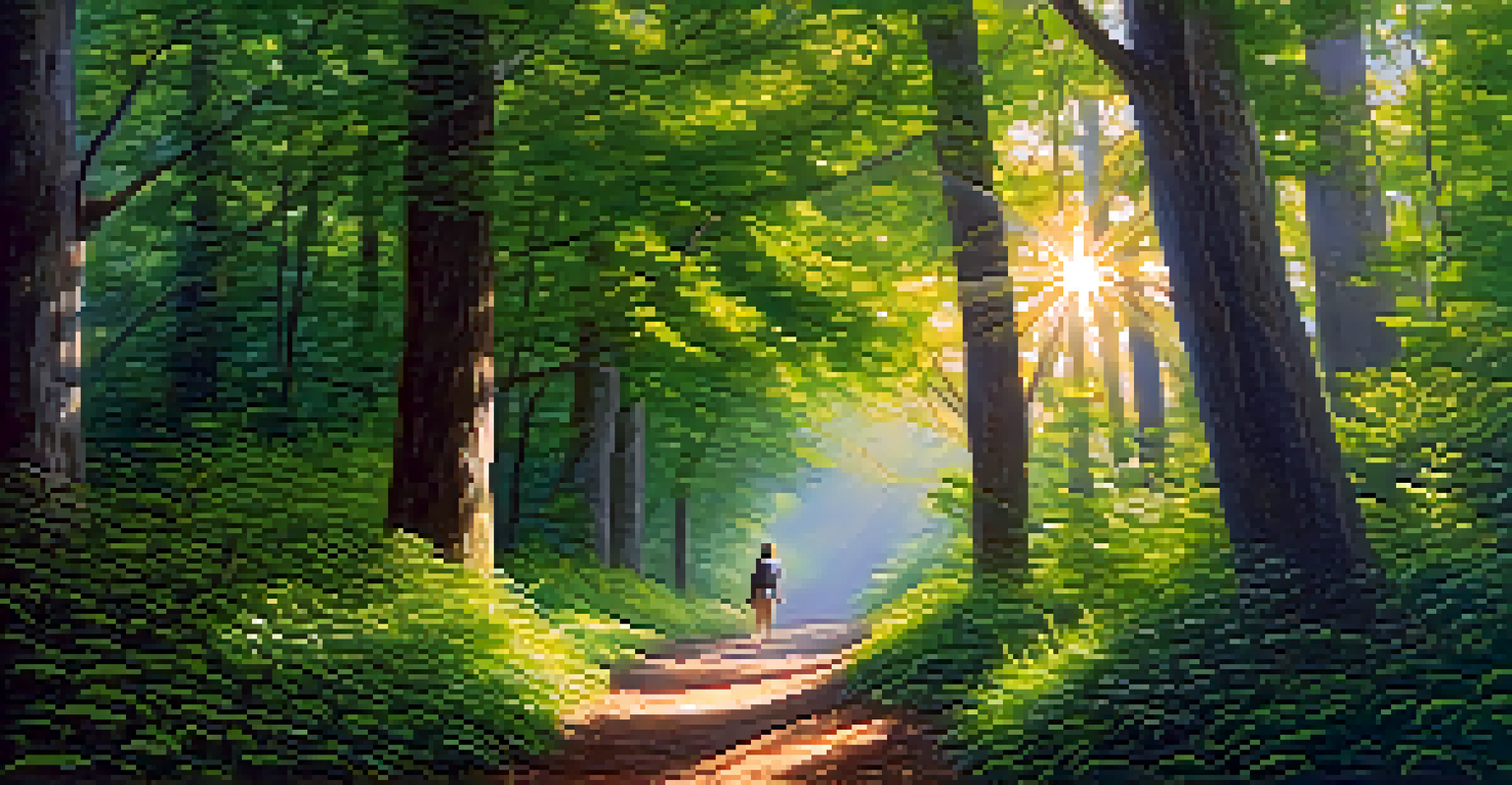 A person walking on a forest path, surrounded by greenery and sunlight filtering through the leaves.