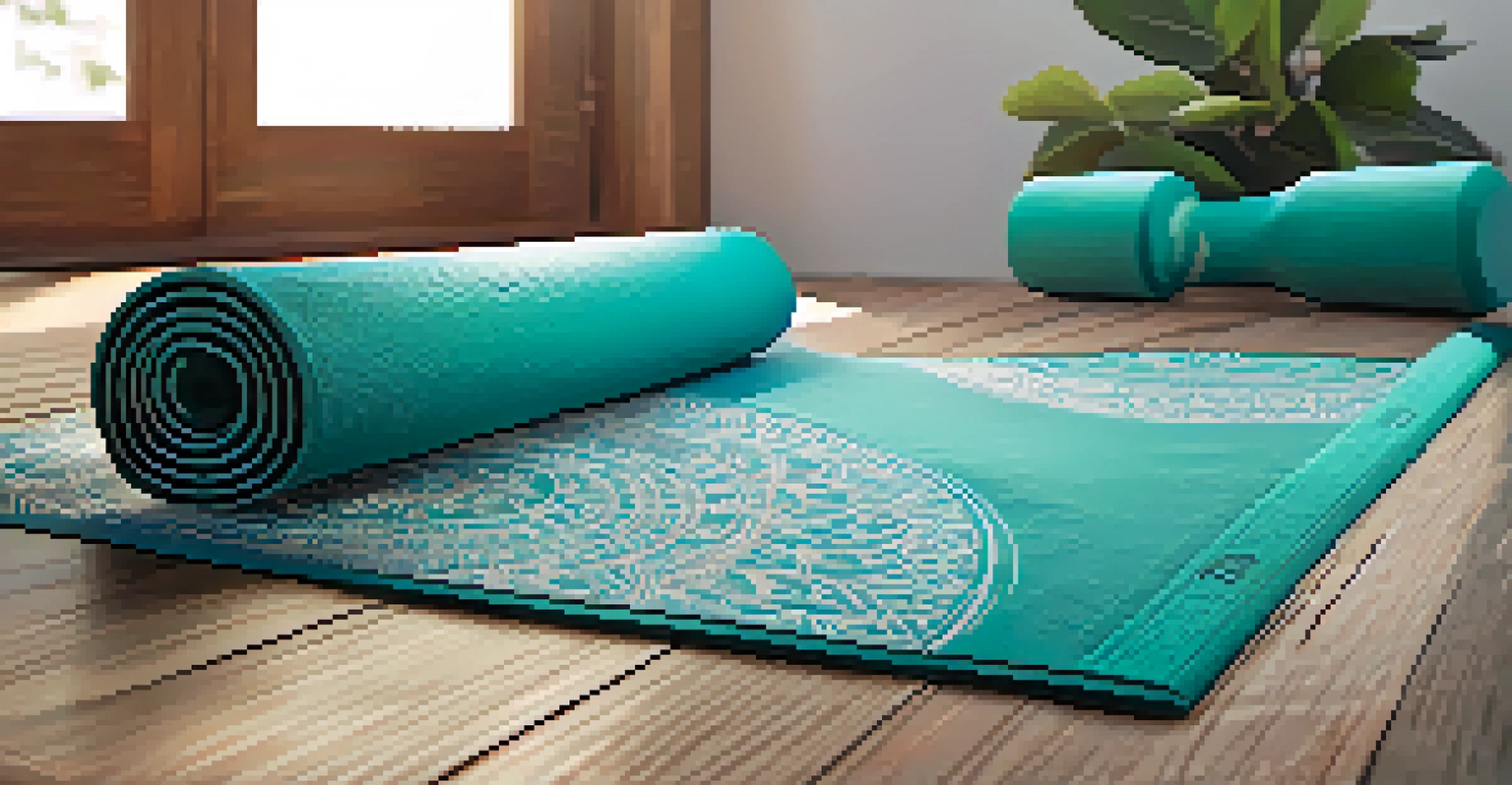 A close-up of a teal yoga mat with blocks and a strap beside it, showing intricate patterns and textures.