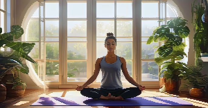 A peaceful yoga studio with a person meditating in the center, surrounded by plants and soft morning light.