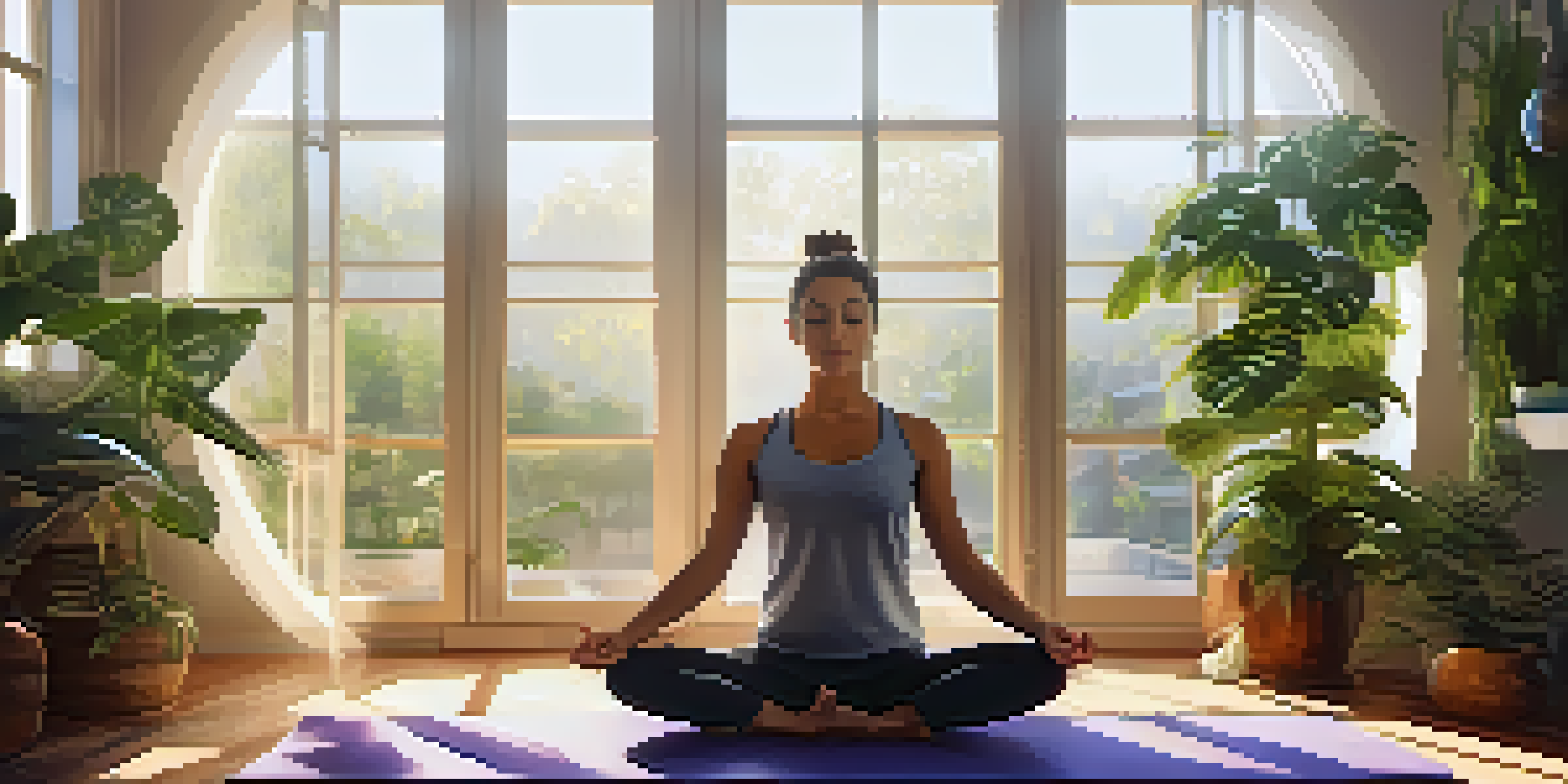 A peaceful yoga studio with a person meditating in the center, surrounded by plants and soft morning light.