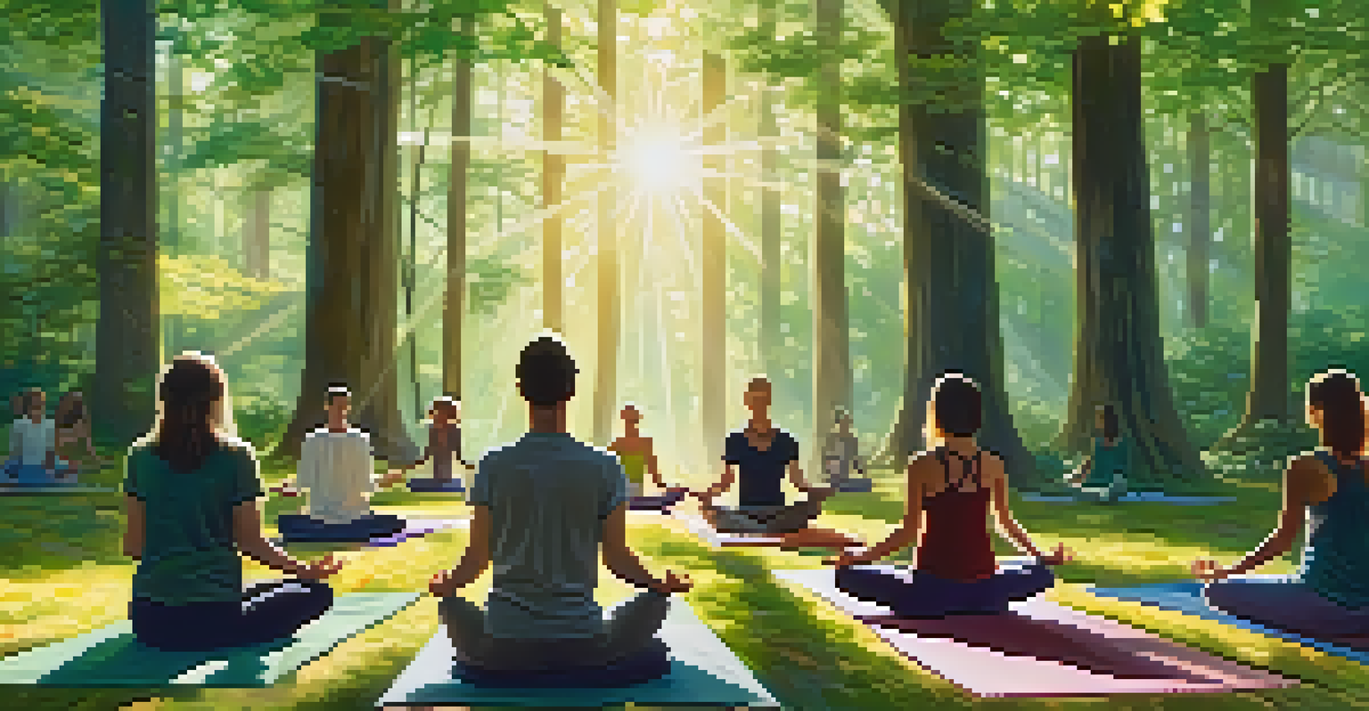 A group of people practicing yoga in a sunlit forest, surrounded by green trees and natural light filtering through the leaves.