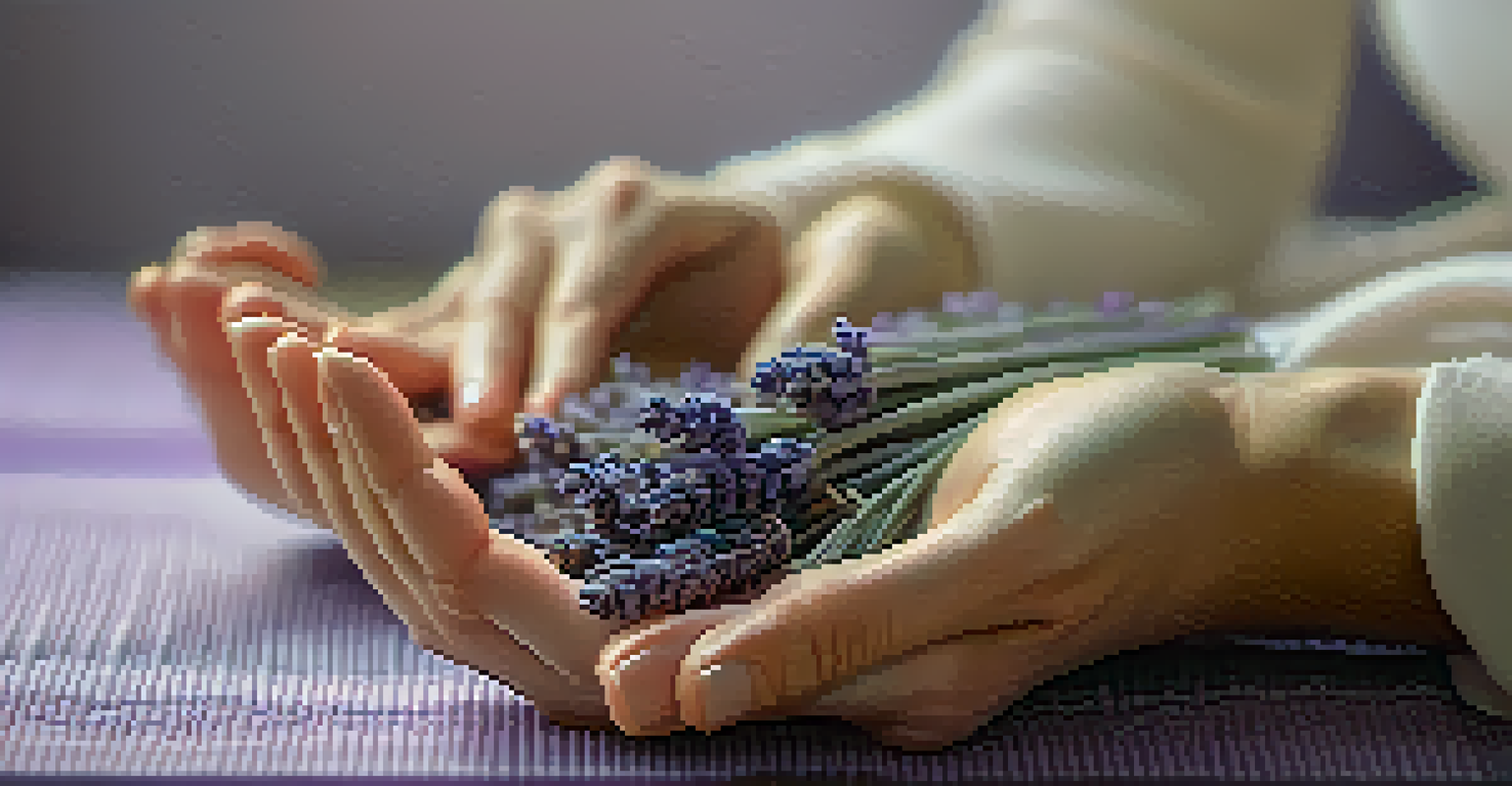Close-up of hands in a meditative pose on a lavender yoga mat, set against a softly blurred tranquil background, symbolizing mindfulness.