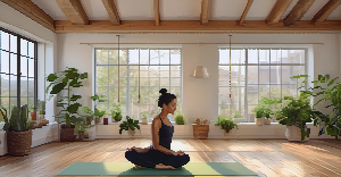 A woman practicing the Cat-Cow Stretch in a serene yoga studio filled with natural light and plants.