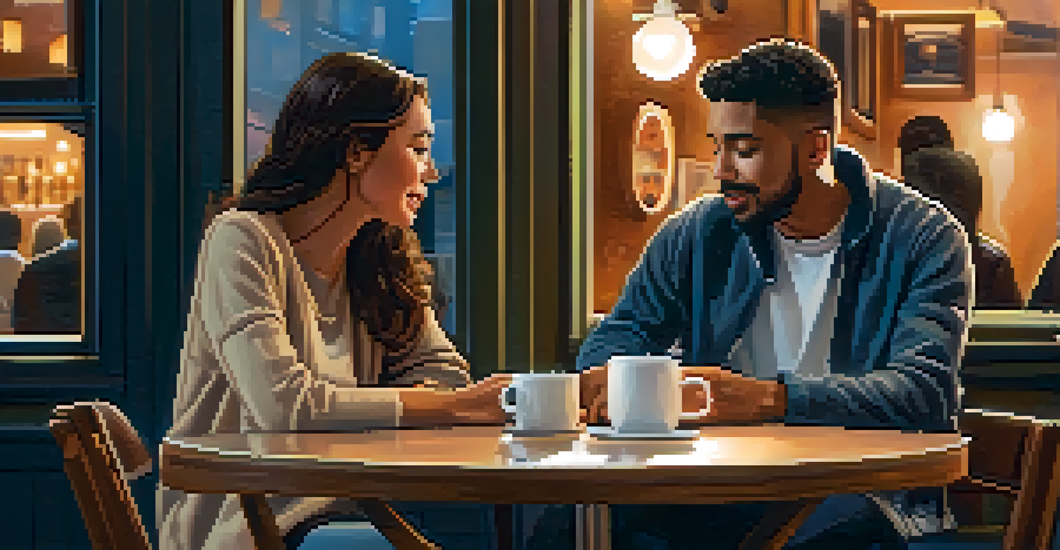 Two friends in a cozy café having a calm conversation, with a warm and inviting atmosphere.