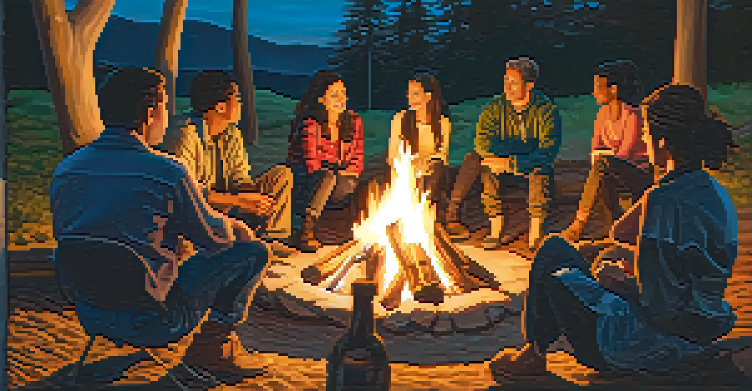 Participants sitting around a campfire at dusk, sharing stories and connecting in a warm, intimate setting.