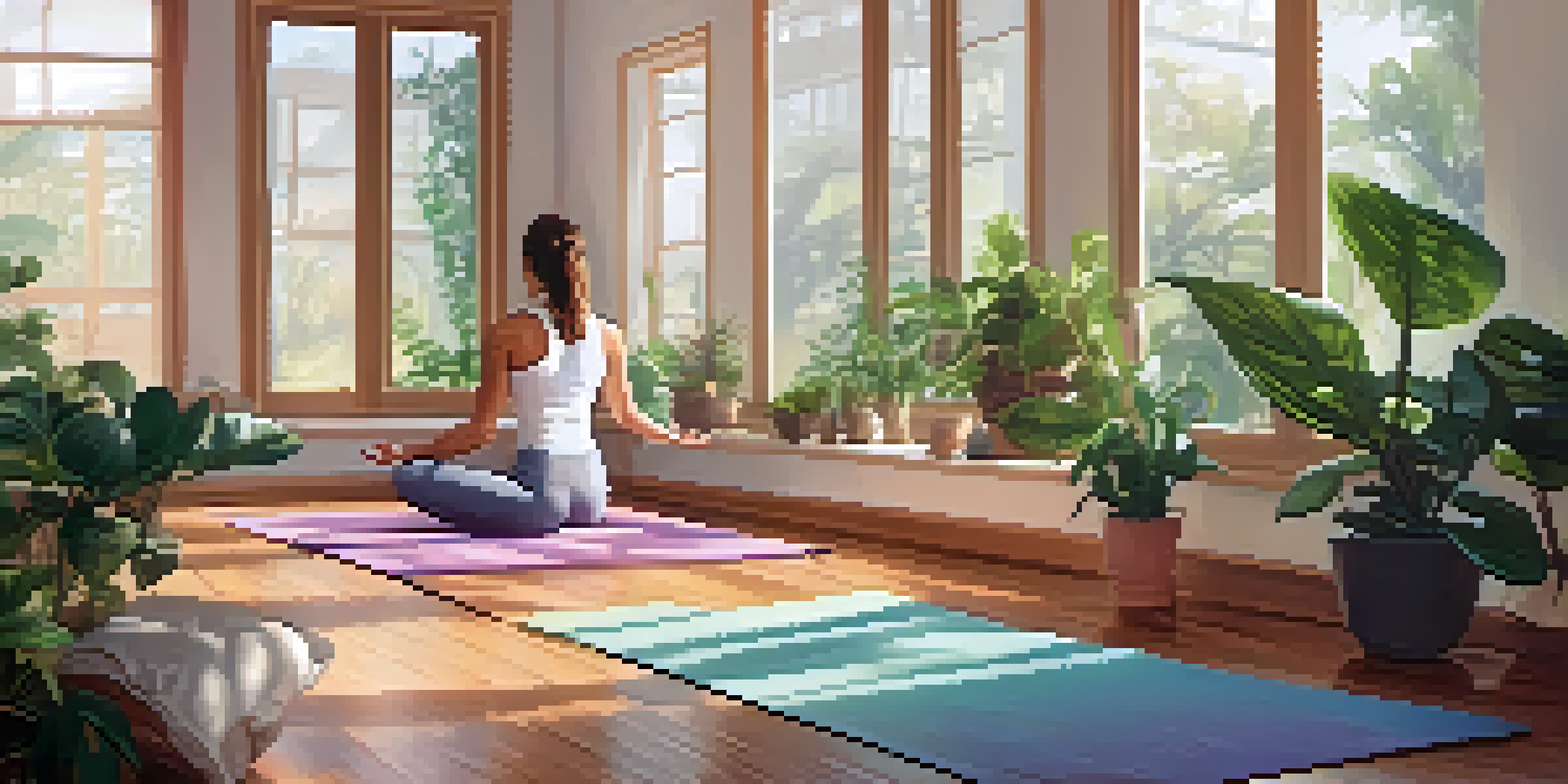 A peaceful yoga studio with a person practicing breathing techniques on a mat, surrounded by plants and soft lighting.
