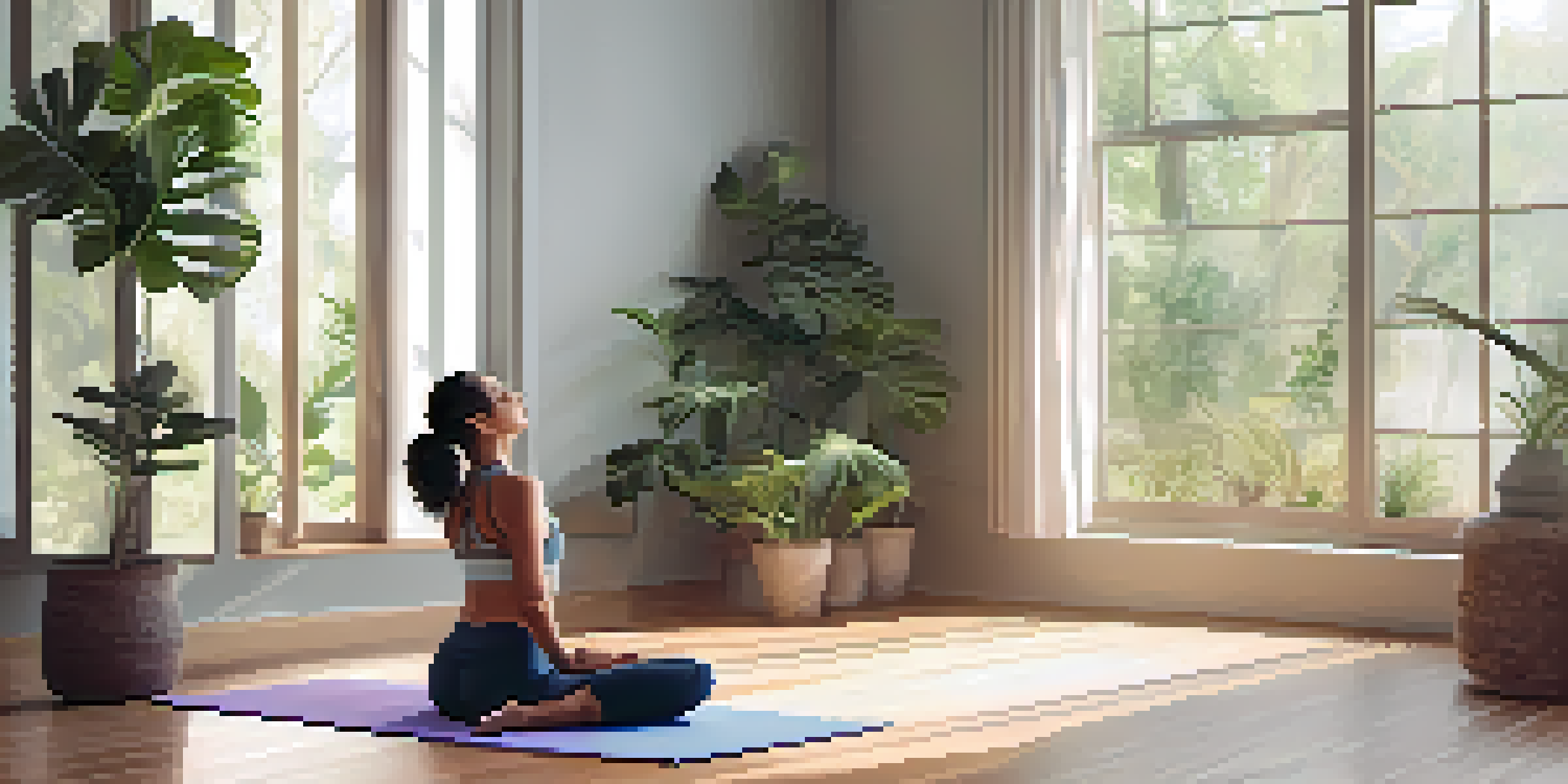 A tranquil yoga studio with a person meditating on a mat surrounded by plants and natural light.