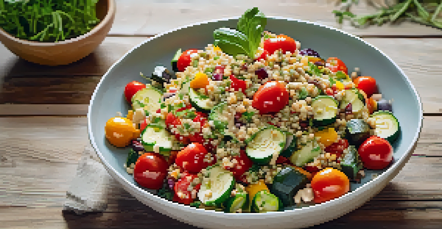 A colorful quinoa salad with roasted vegetables in a ceramic bowl on a wooden table.