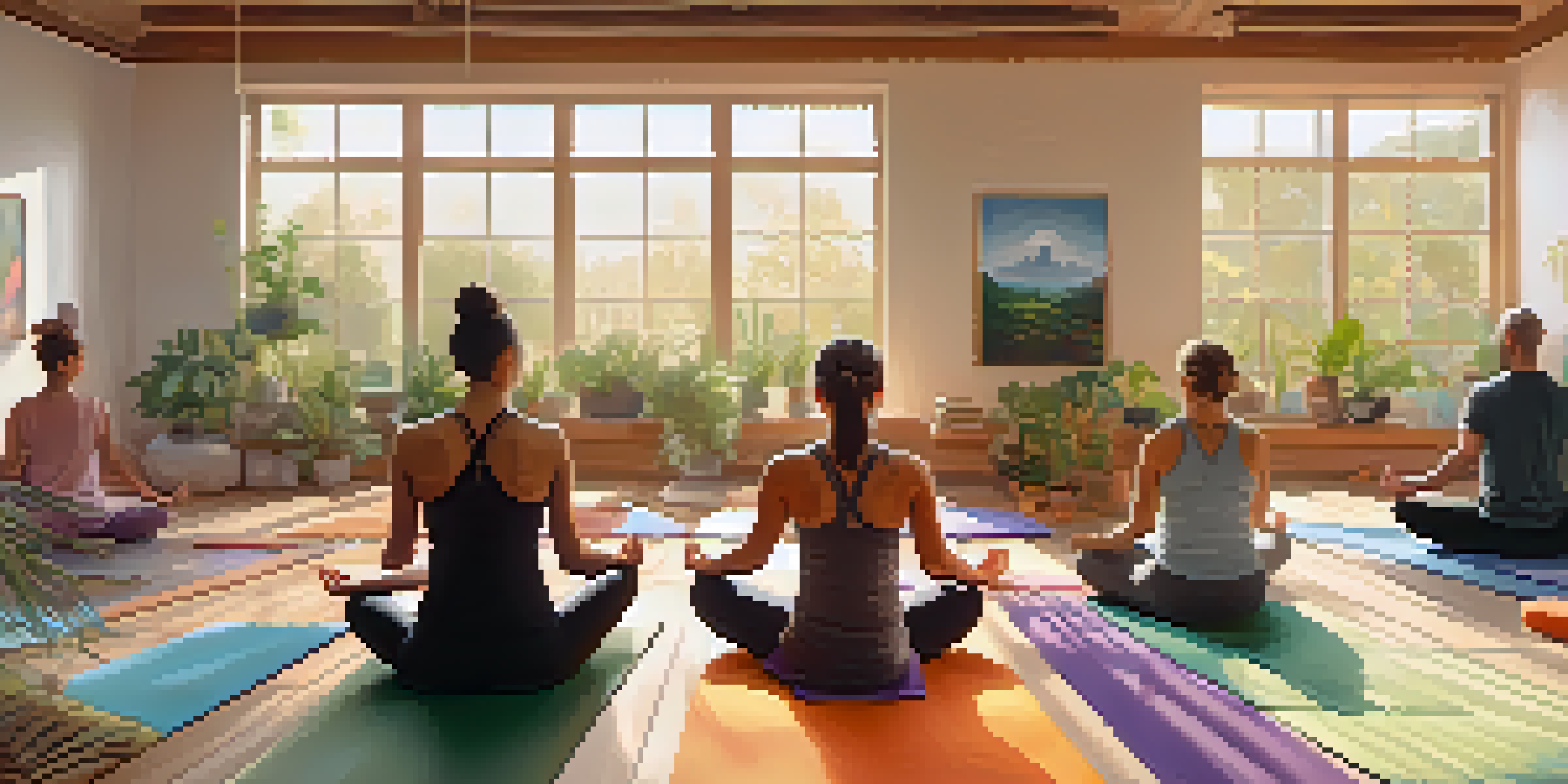 A diverse group of individuals practicing yoga in a well-lit studio, surrounded by plants and calming decor, showcasing poses like Camel Pose and Child's Pose.
