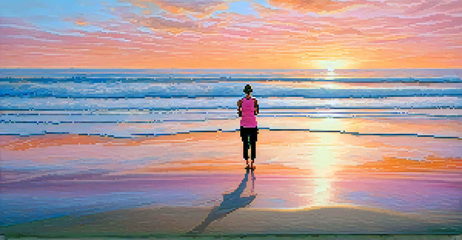 A runner meditating in a yoga pose on a beach at sunrise, with ocean waves and a colorful sky.