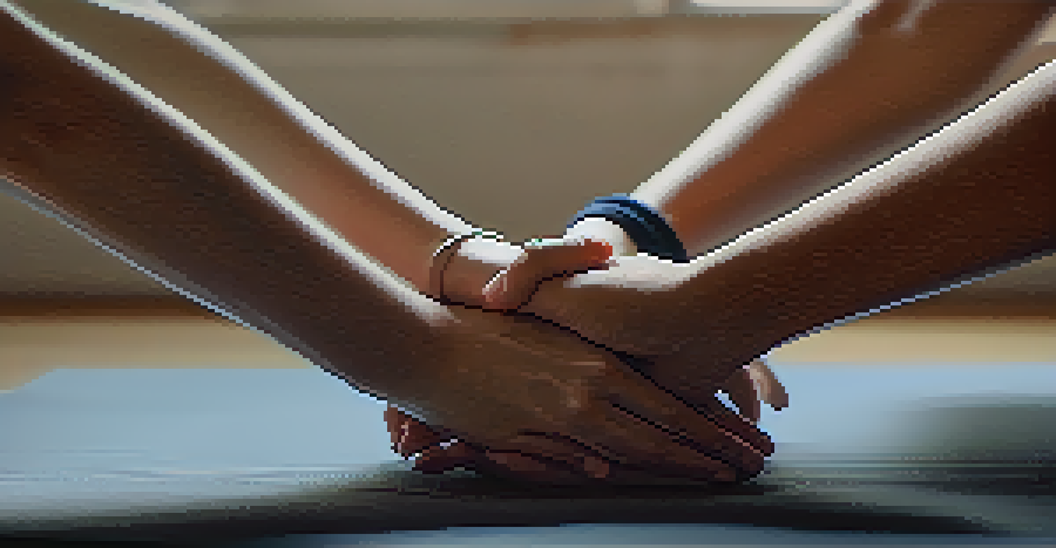 Close-up of two hands intertwined during a partner yoga session, symbolizing support and trust in a softly lit room.