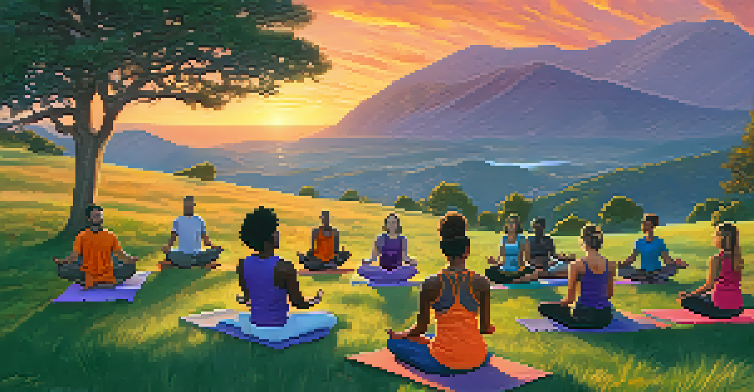 A diverse group of individuals practicing yoga on a hillside during sunset, with a colorful sky and lush grass.