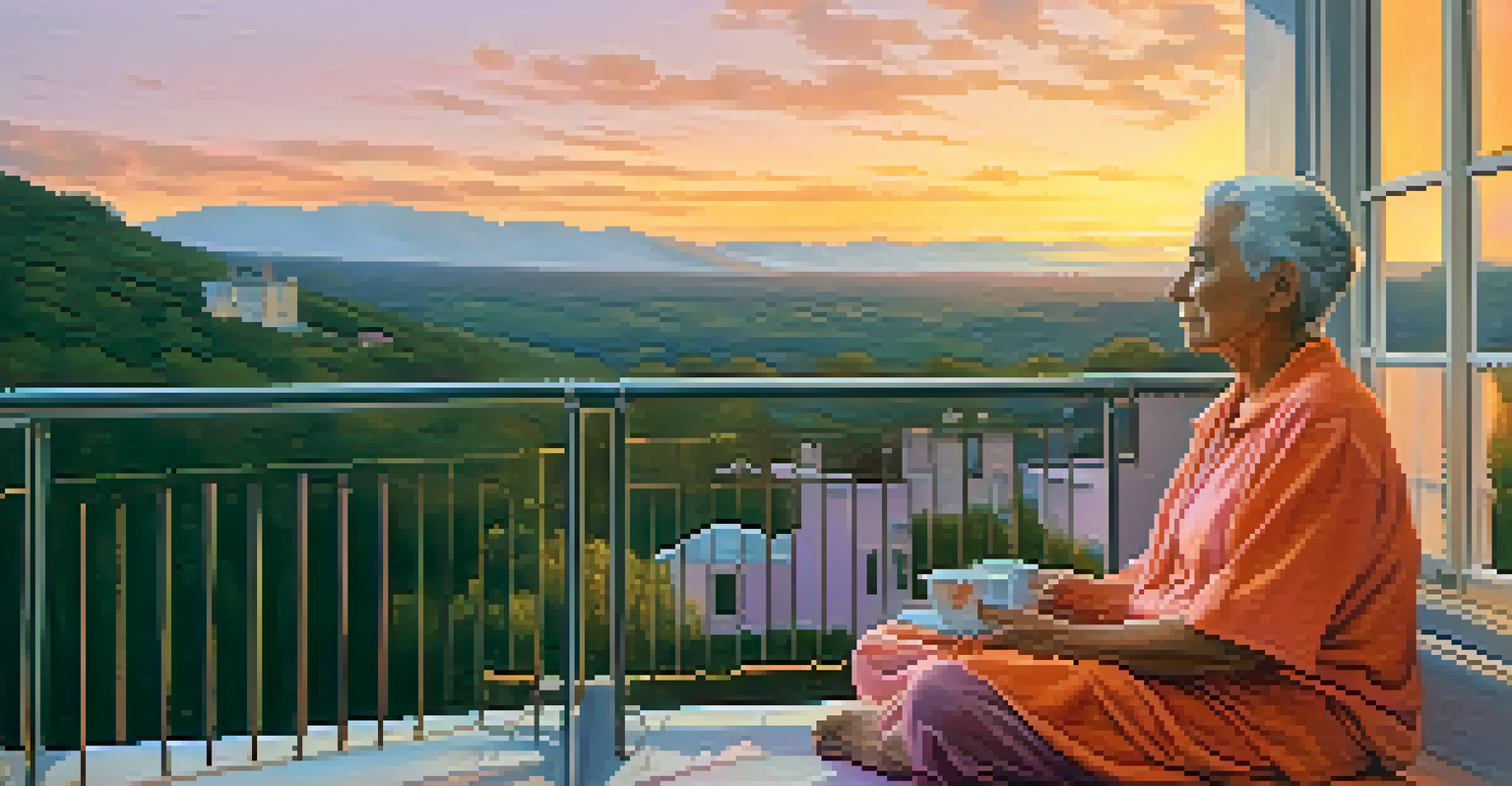 An older adult meditating on a balcony at sunset, with a peaceful landscape view and a cup of tea nearby.