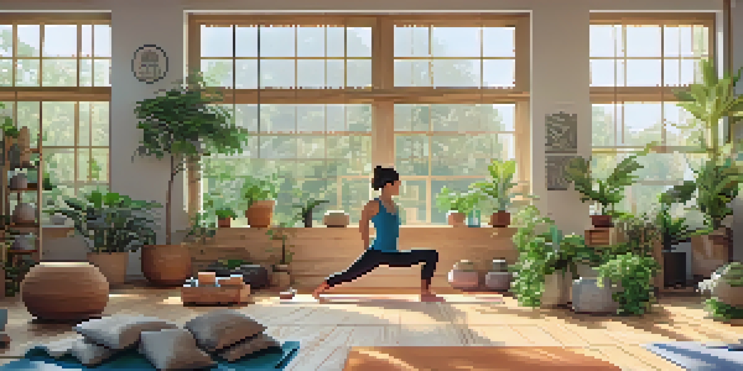 A calm yoga studio with natural light, showcasing various yoga props and a person doing a seated forward bend with a strap.