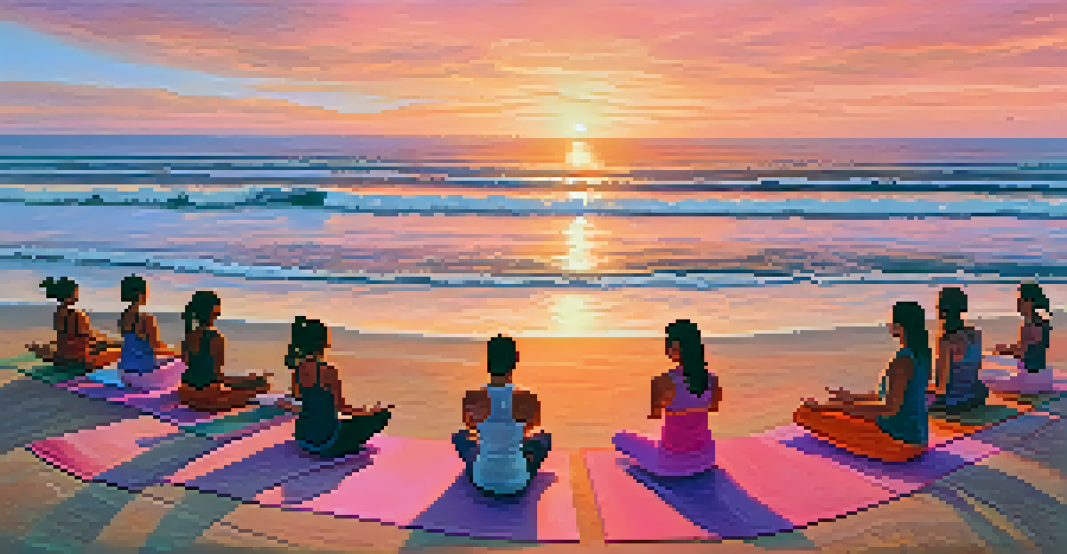 A group of yoga practitioners performing sun salutations on a beach at sunrise, with a colorful sky and ocean waves.