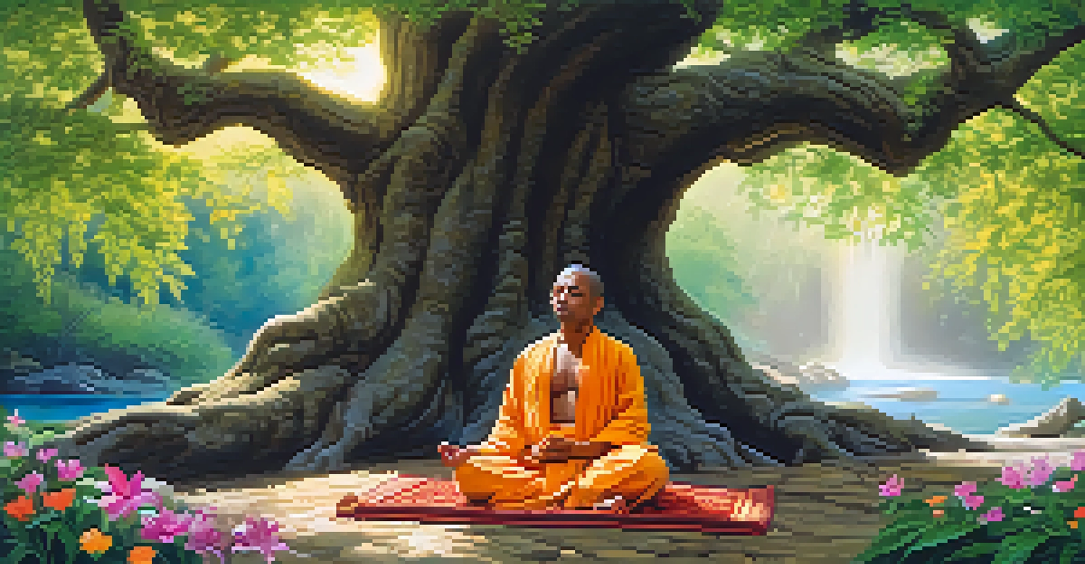 A yogi meditating under a sacred tree in a tranquil forest, surrounded by sunlight and nature.