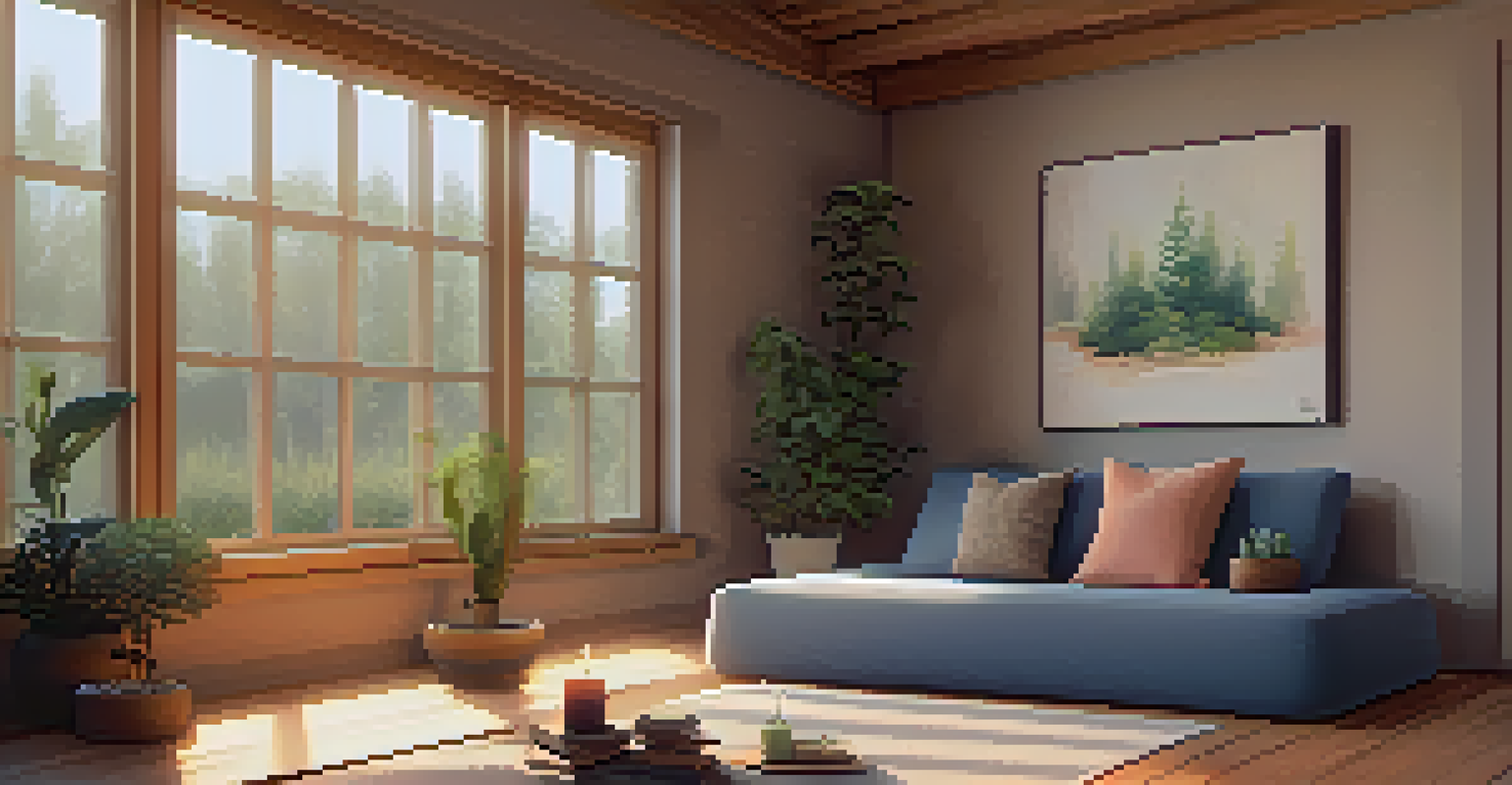 A cozy home yoga space with a mat, cushions, candles, and plants, illuminated by soft ambient lighting.