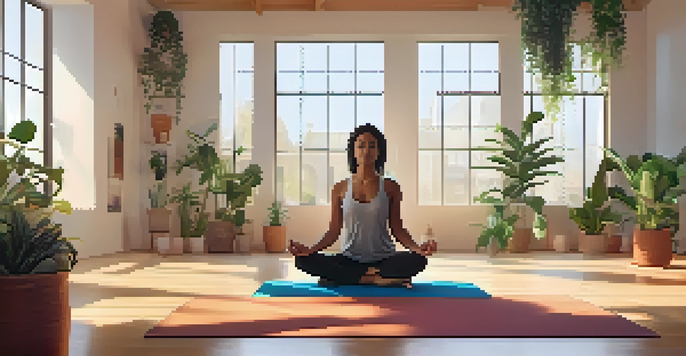 A diverse group of people practicing yoga in a bright studio filled with plants, showcasing a woman in Warrior II pose and a man meditating.