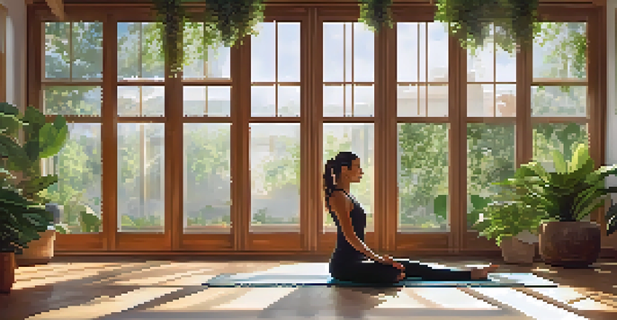 A person practicing Camel Pose in a peaceful yoga studio filled with greenery, illuminated by soft sunlight.