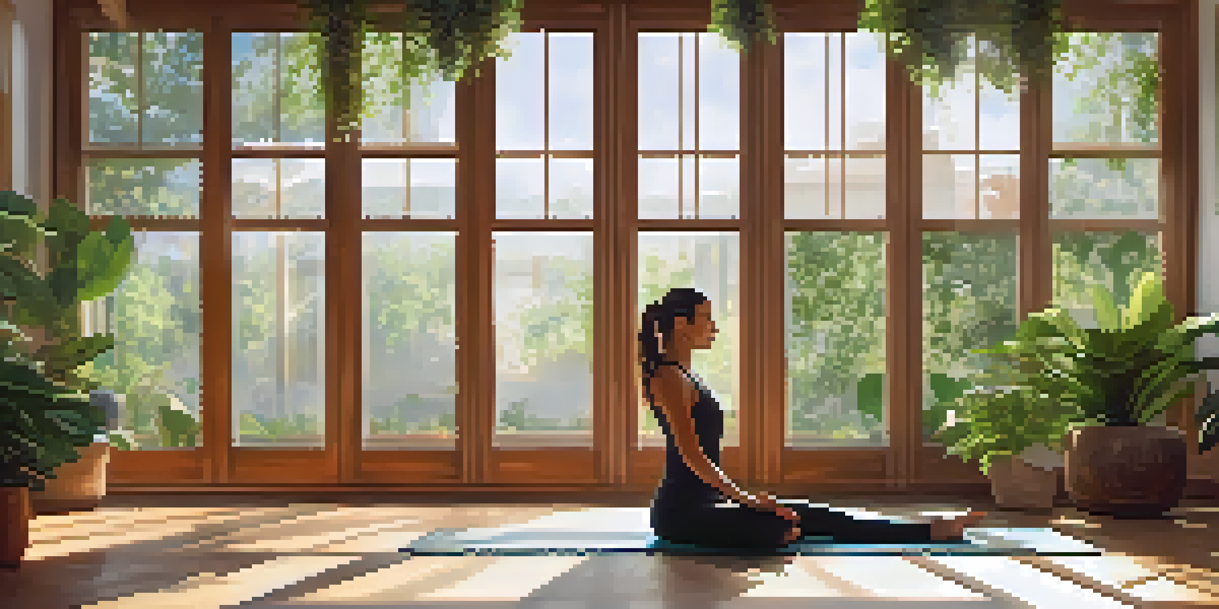 A person practicing Camel Pose in a peaceful yoga studio filled with greenery, illuminated by soft sunlight.