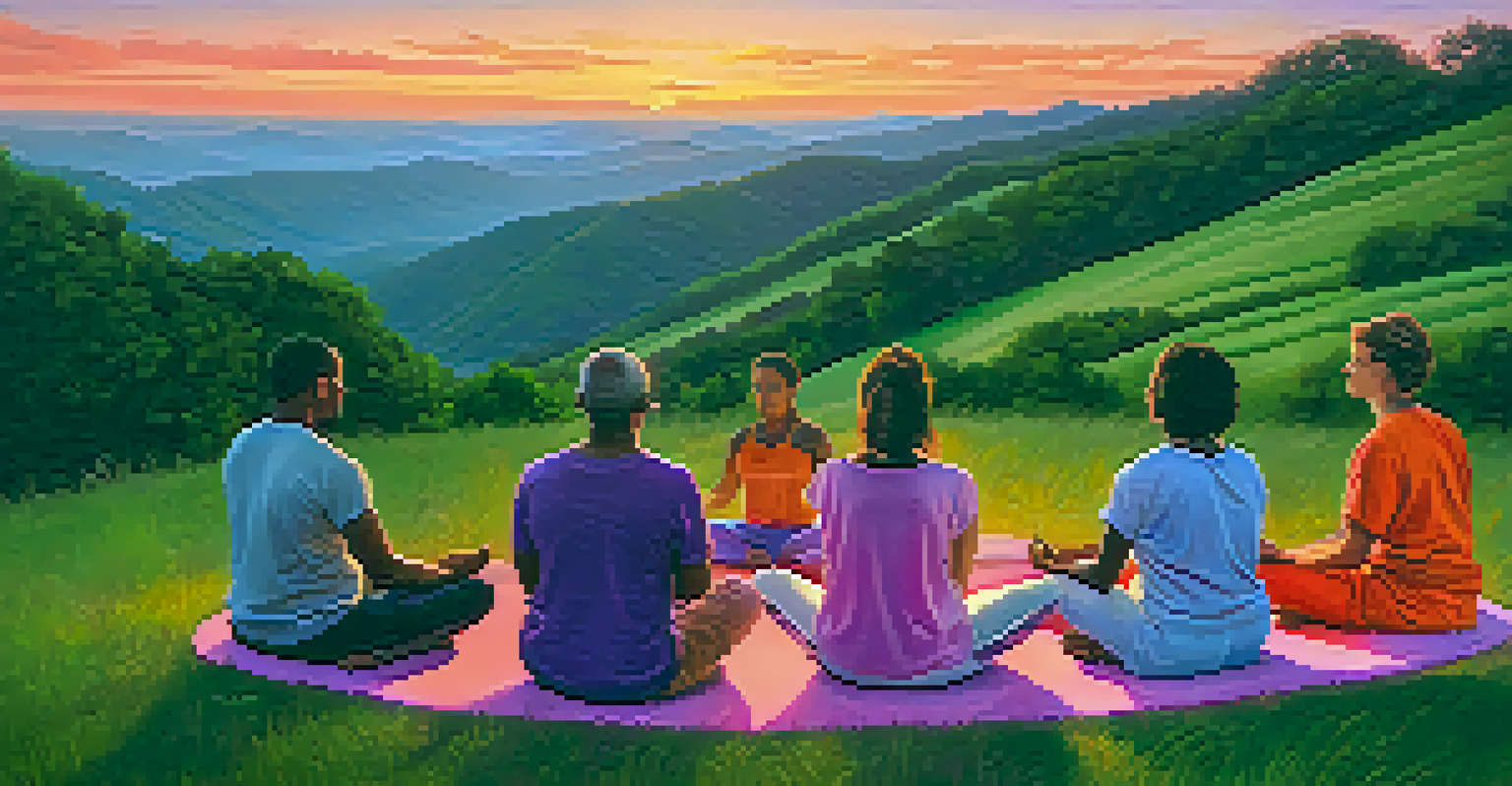 A diverse group of people meditating on a hilltop at sunset, surrounded by nature, with vibrant colors in the sky.