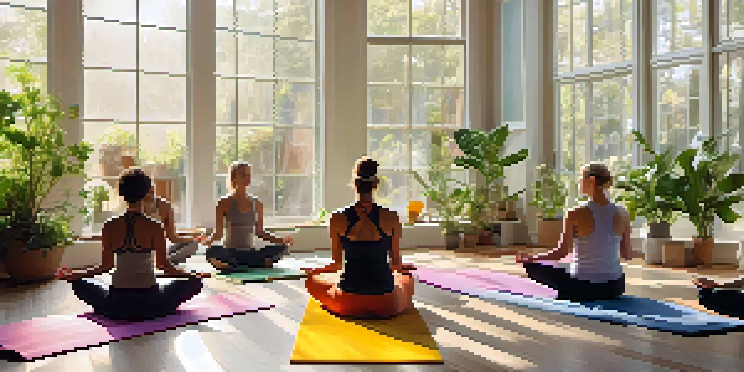 A peaceful yoga class with diverse participants practicing in a sunlit studio filled with plants.