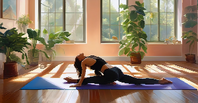 A woman practicing Child's Pose in a bright yoga studio filled with plants, soft morning light, and a colorful yoga mat.