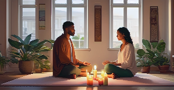 A couple sitting cross-legged in a softly lit room, practicing breathwork together with candles and plants around them.