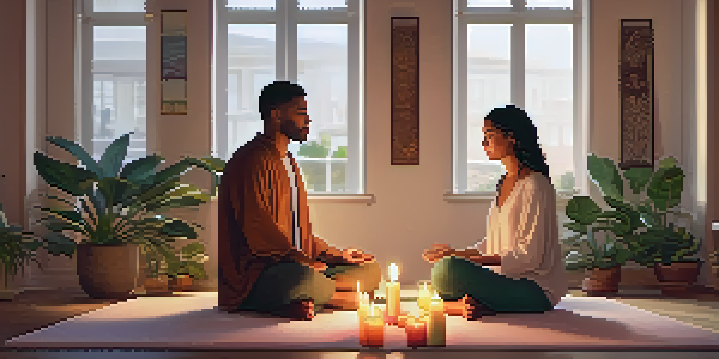 A couple sitting cross-legged in a softly lit room, practicing breathwork together with candles and plants around them.
