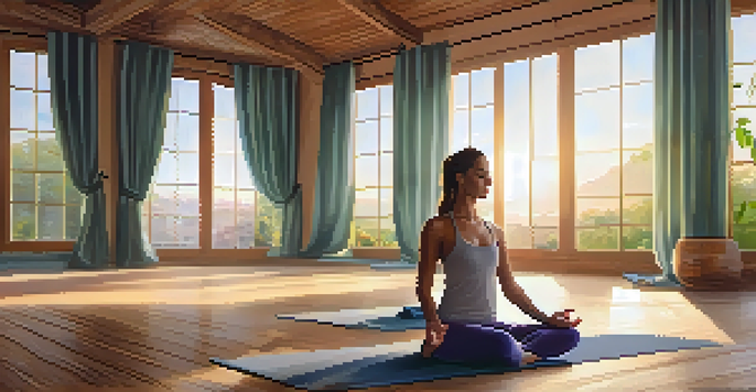 A peaceful yoga studio at sunrise with a person in Child's Pose surrounded by greenery and soft light.