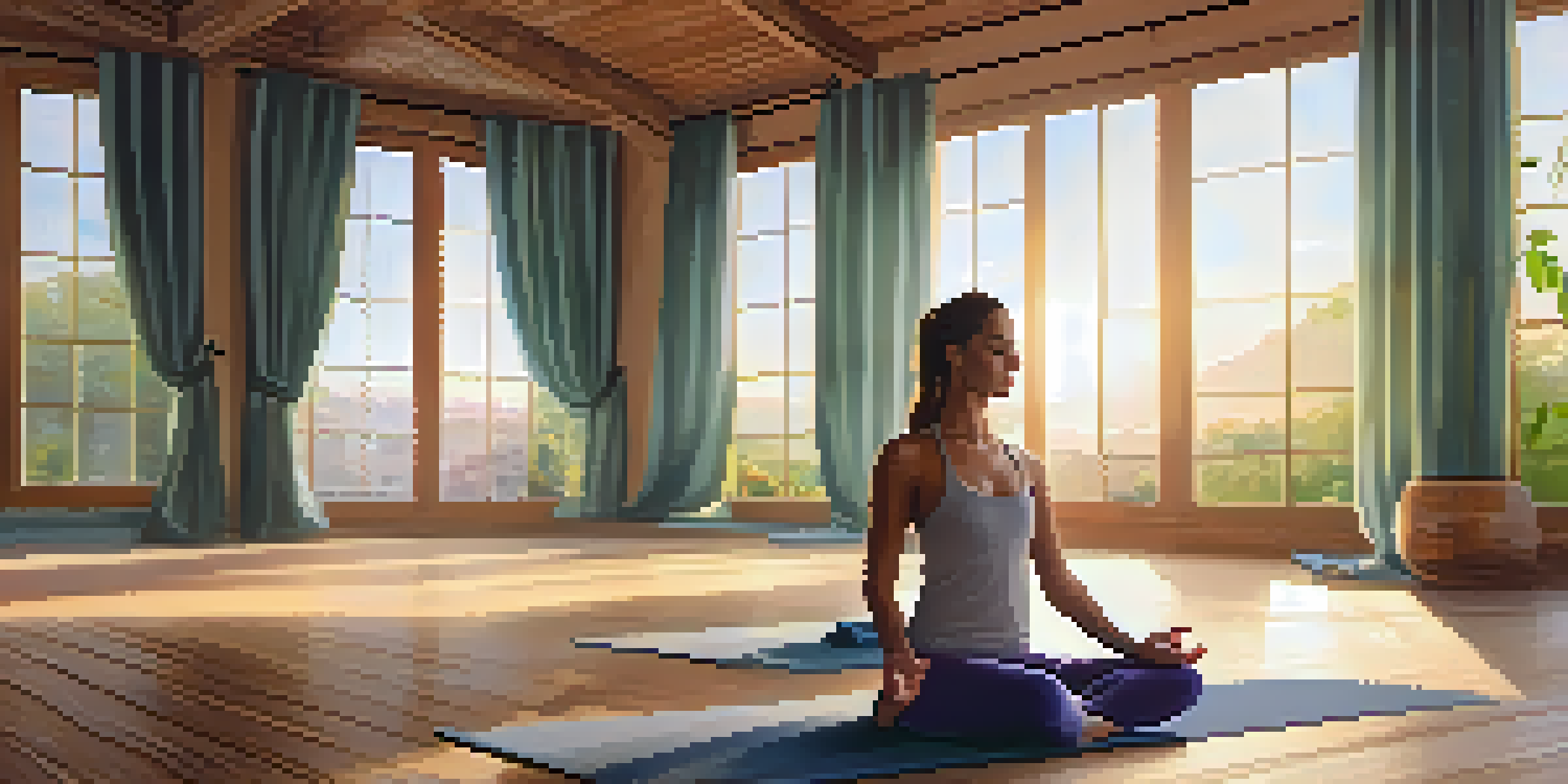 A peaceful yoga studio at sunrise with a person in Child's Pose surrounded by greenery and soft light.