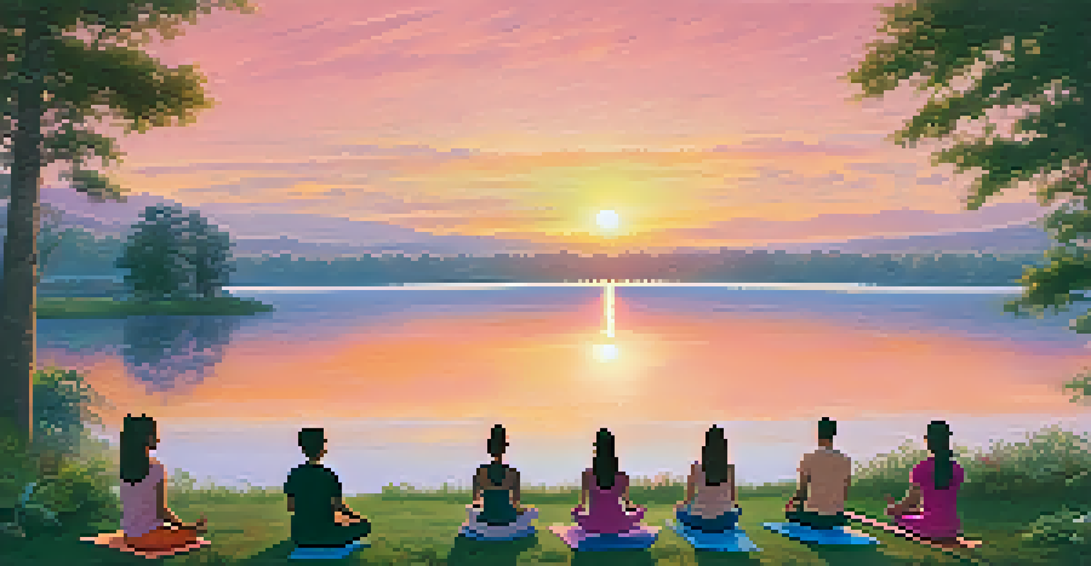A group of people practicing yoga in a circle outdoors at sunrise, with a calm lake and lush greenery in the background.