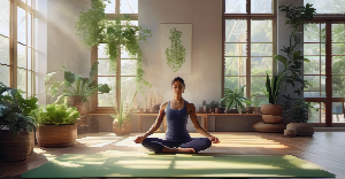 A woman practicing yoga in a bright studio, with sunlight streaming through windows and plants around her.