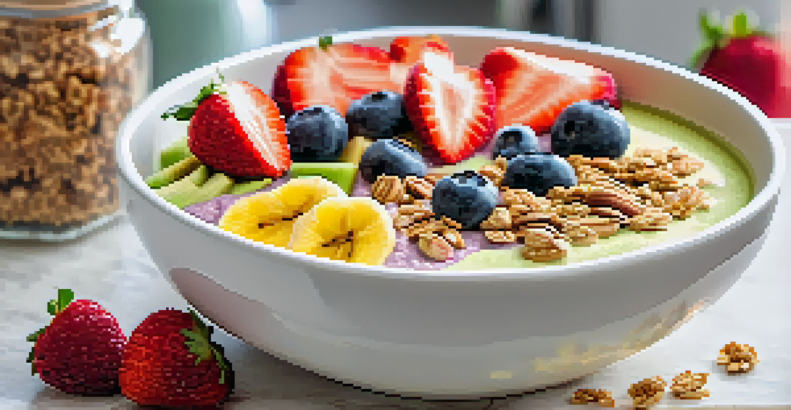 A colorful smoothie bowl topped with banana slices, strawberries, and granola, set in a bright kitchen with fresh fruits in the background.