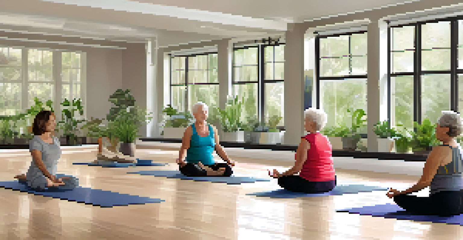 Seniors practicing yoga indoors with an instructor in a well-lit room filled with plants and soft colors.