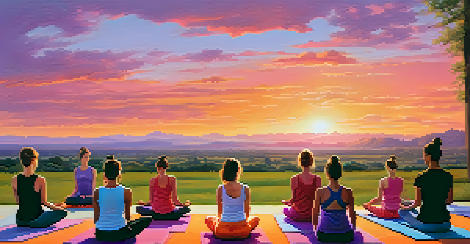 A group of people practicing yoga outdoors at sunset, with a colorful sky and green surroundings.