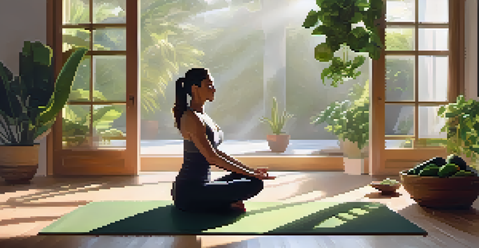 A serene scene of a person practicing yoga on a mat in a bright room filled with plants, with a bowl of fresh fruits nearby.