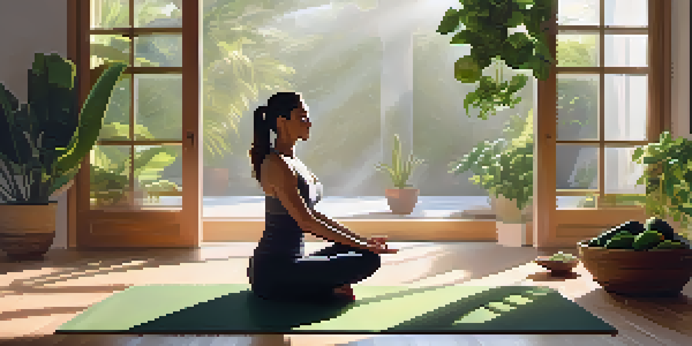 A serene scene of a person practicing yoga on a mat in a bright room filled with plants, with a bowl of fresh fruits nearby.