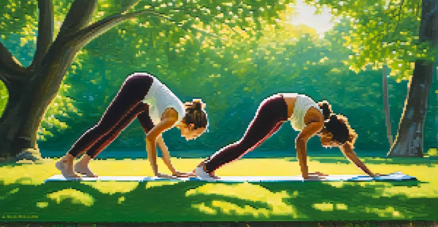A couple performing the double downward dog yoga pose in a sunny park, with trees and a blue sky in the background, showing their teamwork and joy.