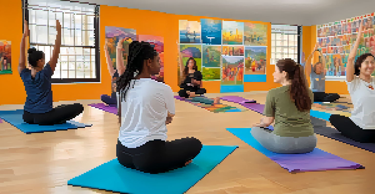 A yoga workshop with a diverse group of students learning poses from an instructor in a colorful room.