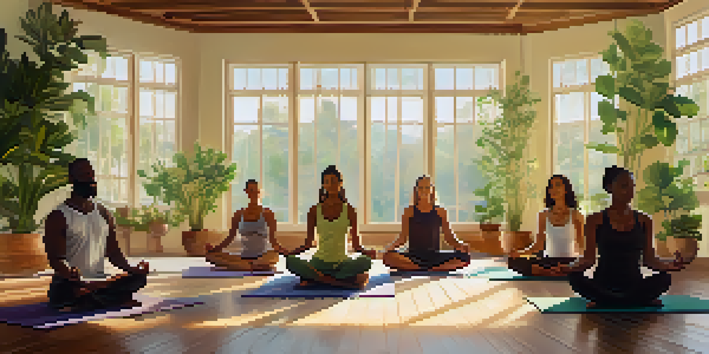 A diverse group of individuals sitting in a yoga studio, chanting mantras in a peaceful atmosphere with natural light and plants.