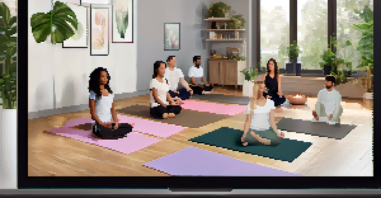 A computer screen displaying a virtual yoga class with diverse participants practicing yoga and chatting from their homes.