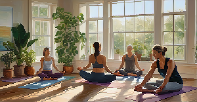 A bright yoga studio with diverse individuals practicing yoga, surrounded by plants and sunlight.